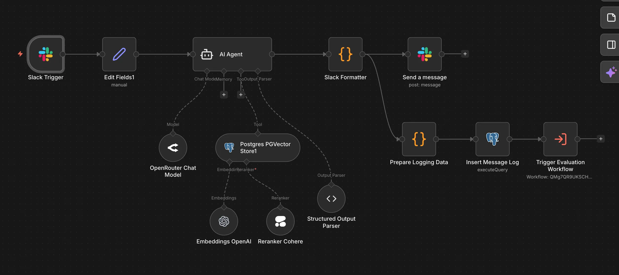 The original n8n workflow canvas showing the retrieval and generation pipeline